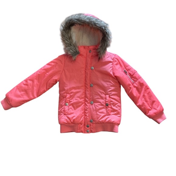 Other - Girls Justice Bright Coral Faux Fur Hooded Sherpa Bomber Jacket Size 8/10
